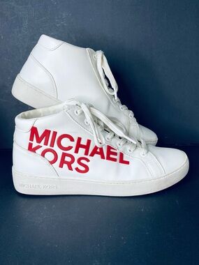 Michael Kors White Sneakers with Red Logo Mid-High-Tops Size 7.5